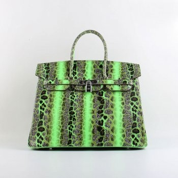 Hermes Birkin 35cm Snake Pattern Leather Handbags Light Green Silver