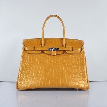 Hermes Birkin 35cm 6089 New Golden Crocodile Vein Handbags Silver