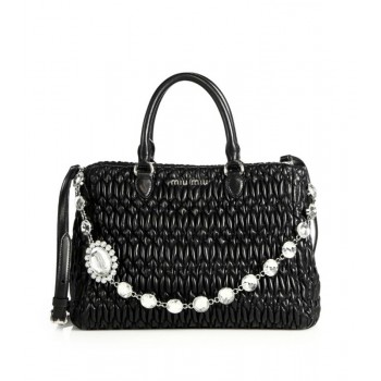 Miu Miu Crystal-Accented Matelasse Leather Satchel Black