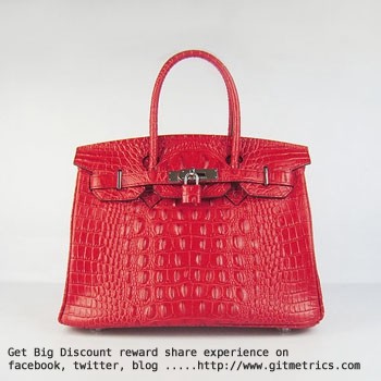 Hermes Birkin 30cm Crocodile head vein Handbags red silver