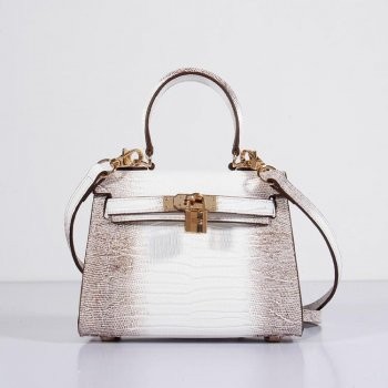 Hermes Kelly 20cm Lizard Leather Bag Grey White Gold