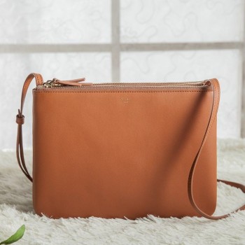 Celine Large Trio Crossbody Bag In Brown Calfskin