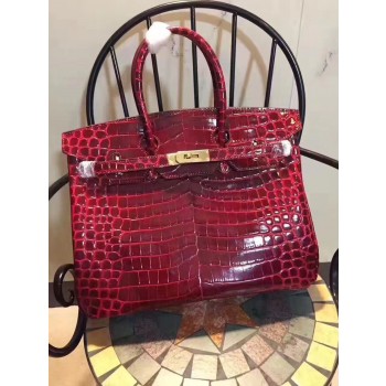 Hermes Birkin 35cm Crocodile Leather Handbag Red Gold