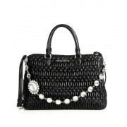 Miu Miu Crystal-Accented Matelasse Leather Satchel Black