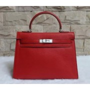 Hermes Kelly 32cm Epsom Leather Handbag Red Silver