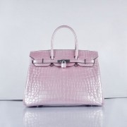 Hermes Birkin 35cm 6089 New Crocodile Vein Handbags Pink Silver