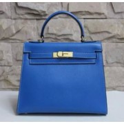 Hermes Kelly 28cm Epsom Leather Handbag Lake Blue Gold
