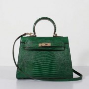 Hermes Kelly 28cm Lizard Leather Bag Green Gold