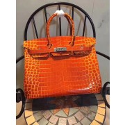 Hermes Birkin 35cm Crocodile Leather Handbag Orange Silver