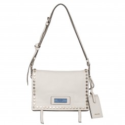 Prada Etiquette Bag In White Calfskin With Metal Stud Trim