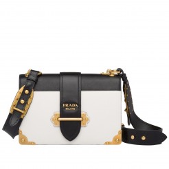 Prada Large Cahier Bag In White/Black Leather