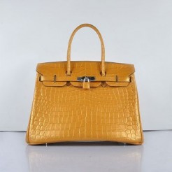 Hermes Birkin 35cm 6089 New Golden Crocodile Vein Handbags Silver