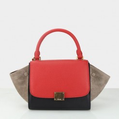 Celine Small Trapeze Red Black Khaki Suede Bag