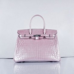 Hermes Birkin 35cm 6089 New Crocodile Vein Handbags Pink Silver