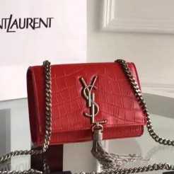 Yves Saint Laurent Small Monogram Tassel Satchel In Red Crocodile Leather