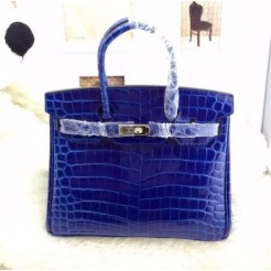 Hermes Birkin 35cm Crocodile Leather Handbag Electric Blue Gold
