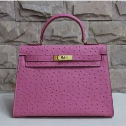 Hermes Kelly 32cm Ostrich Vein Handbag Pink Golden