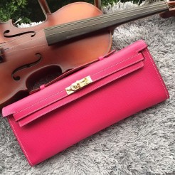 Hermes Rose Red Handcrafted Kelly Cut Clutch