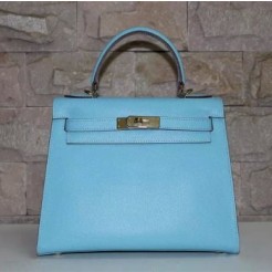 Hermes Kelly 28cm Epsom Leather Handbag Light Blue Gold