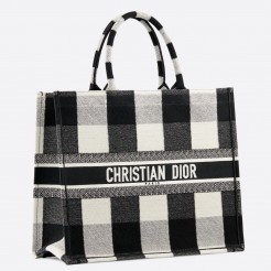 Dior Book Tote Bag In White/Black Check Embroidered Canvas