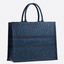 Dior Book Tote In Denim Blue Dior Oblique-embroidered Canvas
