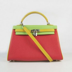 Hermes Kelly 32cm Togo red/green/yellow silver