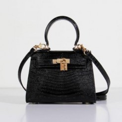 Hermes Kelly 20cm Lizard Leather Bag Black Gold