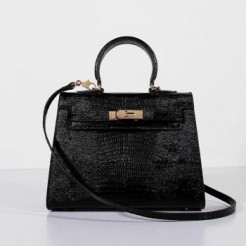 Hermes Kelly 28cm Lizard Leather Bag Black Gold