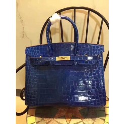 Hermes Birkin 35cm Crocodile Leather Handbag Blue Gold