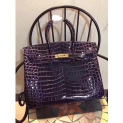 Hermes Birkin 35cm Crocodile Leather Handbag Dark Purple Gold
